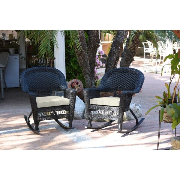 Jeco W00207R-D-2-FS001 Black Rocker Wicker Chair with Ivory Cushion W00207R-D_2-FS001 - main